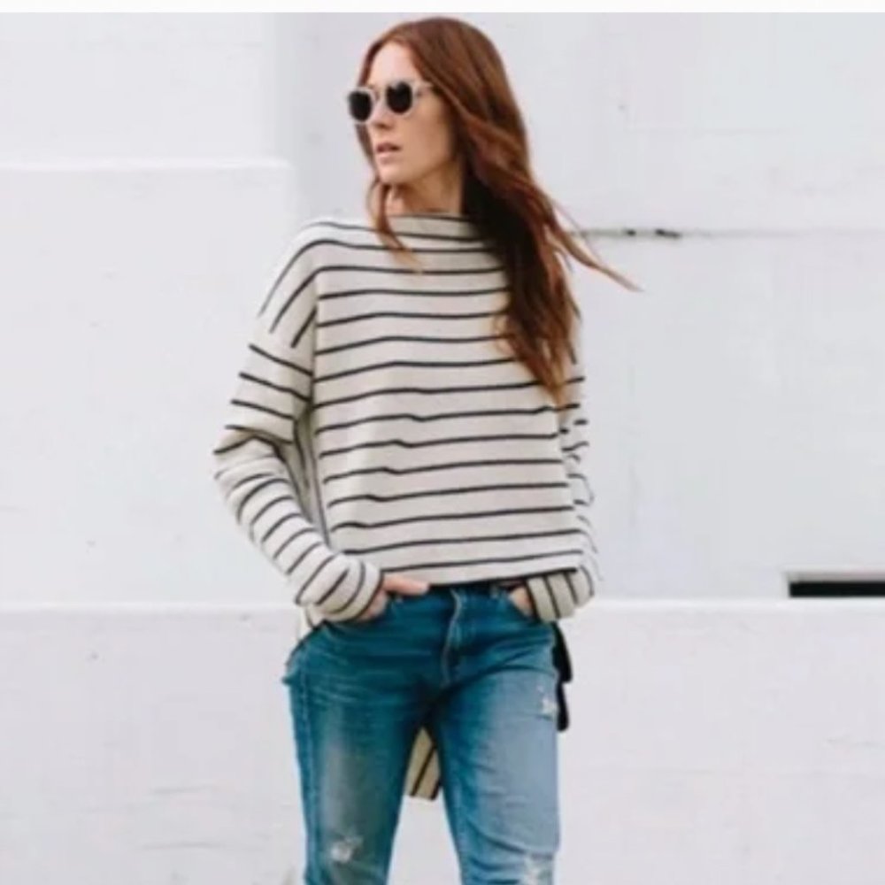 Brochu Walker Reir High Low Striped Sweater Beige XS Cashmere Wool Blend